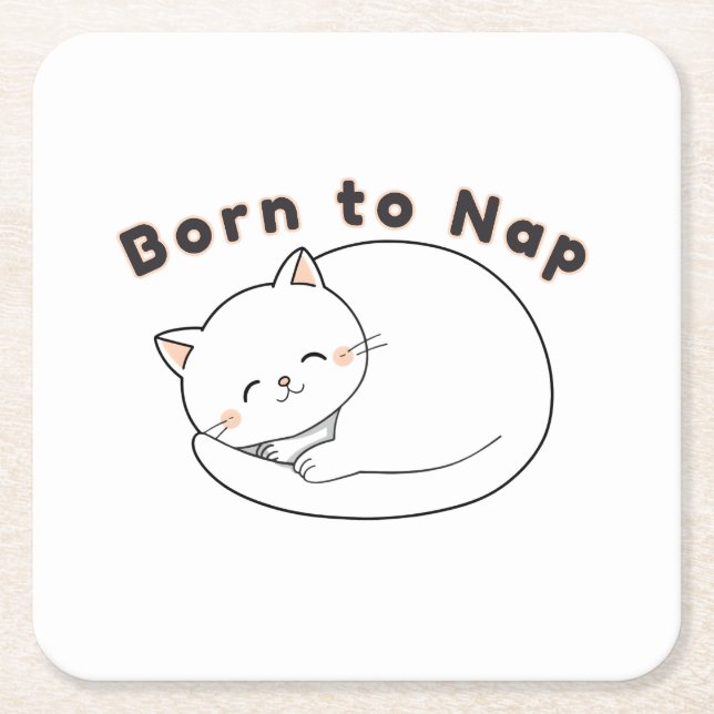 Posavasos Cuadrado De Papel Cute Sleepy Cat “Born to Nap” Line Art Design (Anverso)