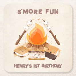 Posavasos Cuadrado De Papel Cute S'more Campfire Primera Papel de cumpleaños