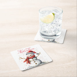 Posavasos Cuadrado De Papel Cute Snowman invierno acuarela Feliz Navidad
