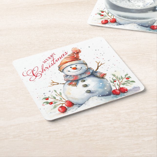 Posavasos Cuadrado De Papel Cute Snowman invierno acuarela Feliz Navidad (En perspectiva)