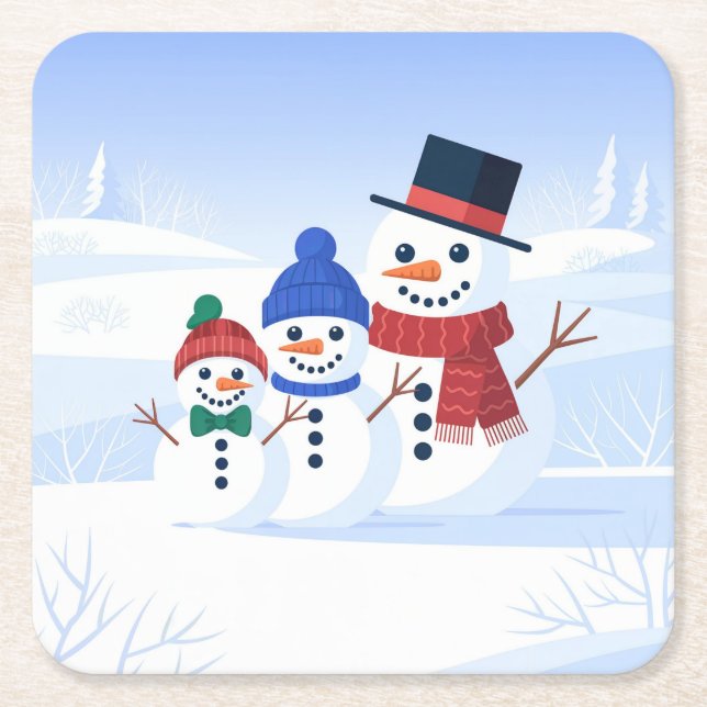 Posavasos Cuadrado De Papel Cute Snowmen Family Coaster Set (Anverso)