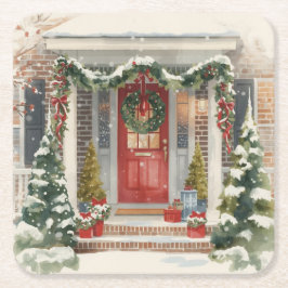 Posavasos Cuadrado De Papel Cute Snowy Christmas Porch 