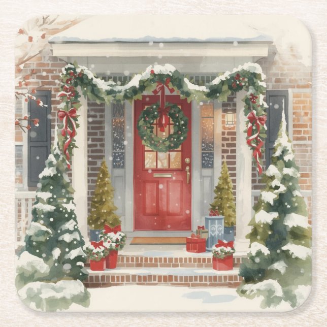 Posavasos Cuadrado De Papel Cute Snowy Christmas Porch  (Anverso)