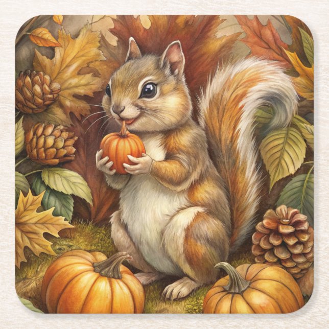 Posavasos Cuadrado De Papel Cute Squirrel (Anverso)