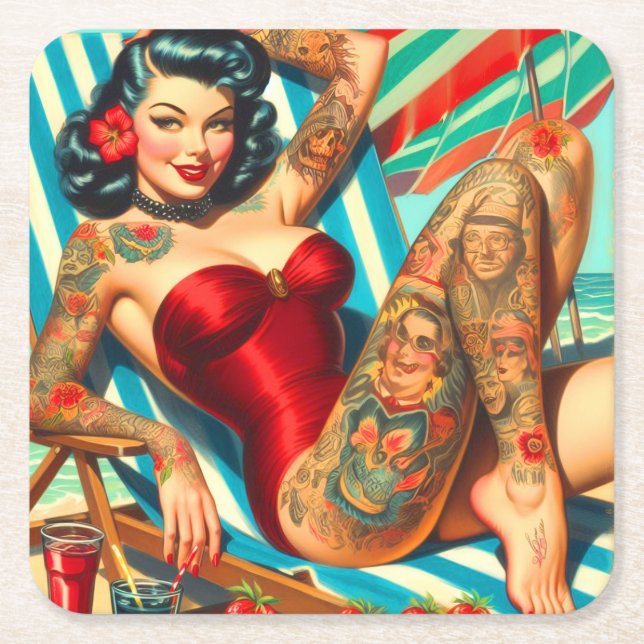 Posavasos Cuadrado De Papel Cute Tattooed Swimsuit Pin-up (Anverso)