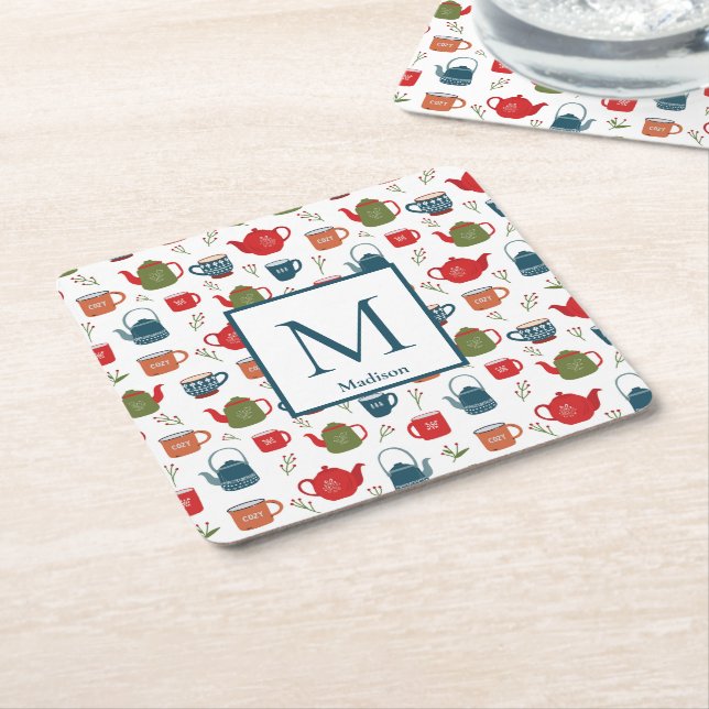 Posavasos Cuadrado De Papel Cute teapots Mugs Berries Monograma Navidad (En perspectiva)