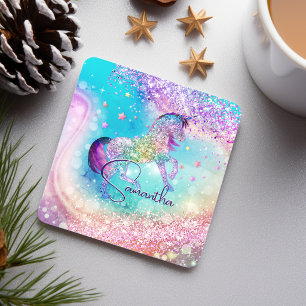 Posavasos Cuadrado De Papel Cute unicornio rosa Glitter arcoíris aqua monogram