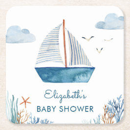 Posavasos Cuadrado De Papel Cute Watercolor Bote Nautical Baby Shower