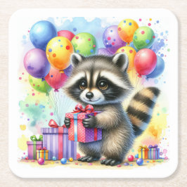 Posavasos Cuadrado De Papel Cute Watercolor Personalizado Raccoon Cumpleaños