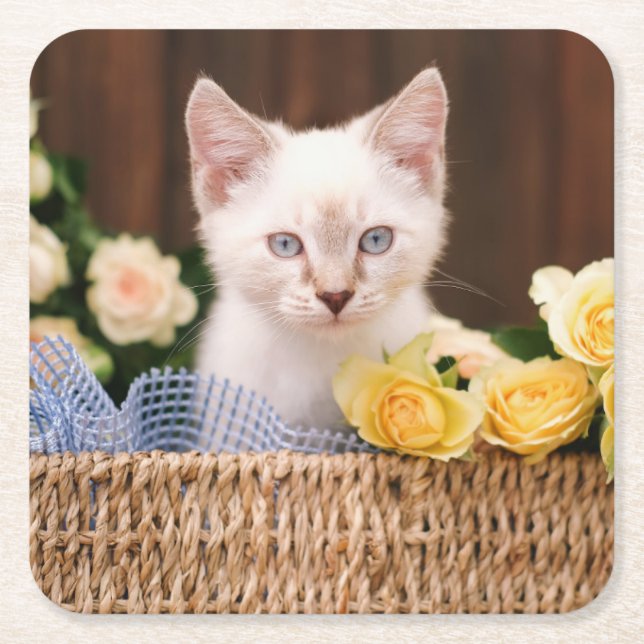 Posavasos Cuadrado De Papel Cutest Baby Animals | Kitten & Yellow Roses (Anverso)