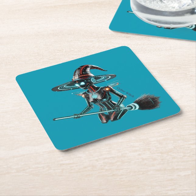 Posavasos Cuadrado De Papel Cyber Witch: Tech Magic (En perspectiva)