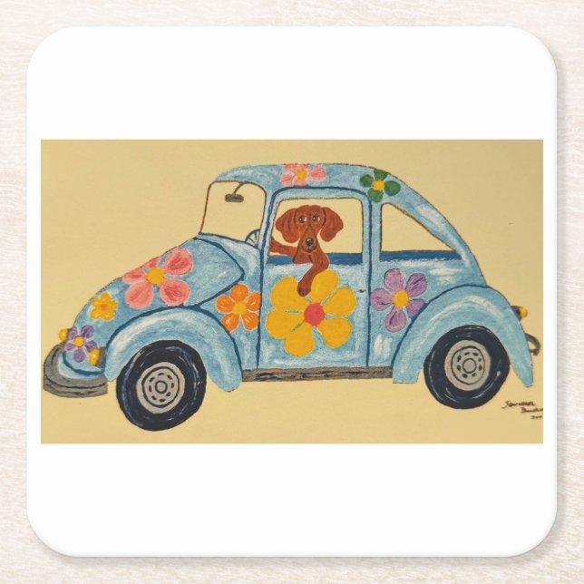 Posavasos Cuadrado De Papel Dachshund in Hippie car  (Anverso)