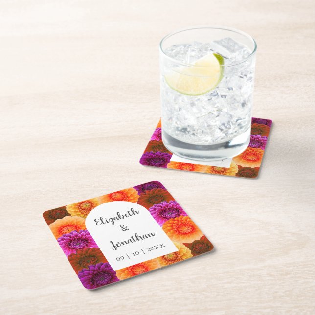 Posavasos Cuadrado De Papel Dahlia Autumn Boda Floral (In situ)