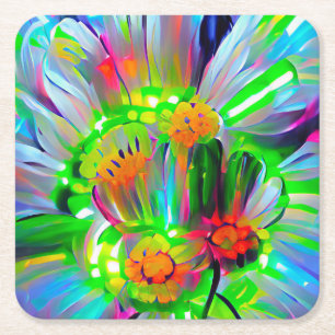 Posavasos Cuadrado De Papel Daisies abstractos neones con colores vivos