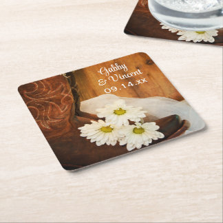 Posavasos Cuadrado De Papel Daisies Blancos Boots País Boda Occidental