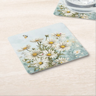 Posavasos Cuadrado De Papel Daisies blancos y Ladybugs Springtime