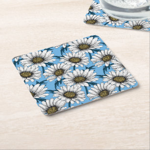 Posavasos Cuadrado De Papel Daisies, flores silvestres en azul