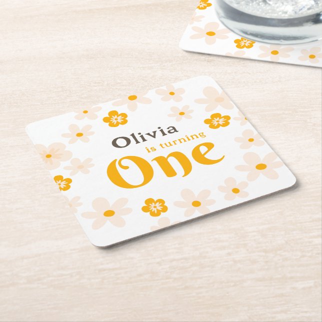 Posavasos Cuadrado De Papel Daisy Boho Floral Primer cumpleaños (En perspectiva)