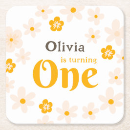 Posavasos Cuadrado De Papel Daisy Boho Floral Primer cumpleaños