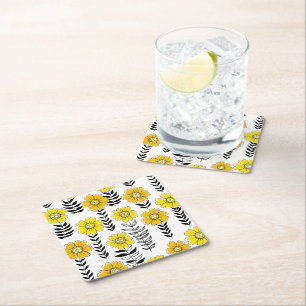 Posavasos Cuadrado De Papel Daisy doodles en amarillo y negro