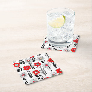 Posavasos Cuadrado De Papel Daisy doodles en rojo y negro