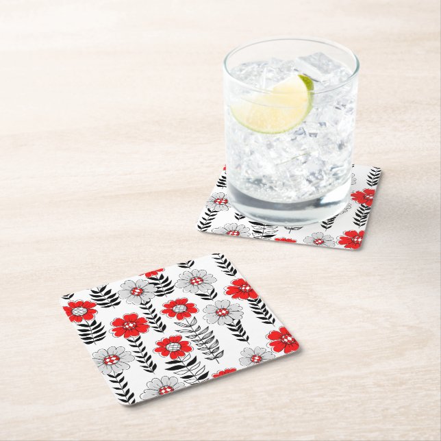 Posavasos Cuadrado De Papel Daisy doodles en rojo y negro (In situ)