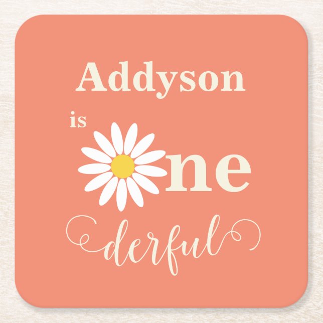 Posavasos Cuadrado De Papel Daisy First Birthday (Anverso)