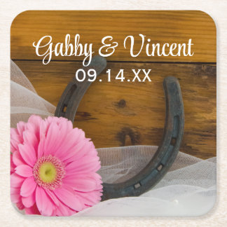 Posavasos Cuadrado De Papel Daisy rosa y Boda occidental del país hispano-herr
