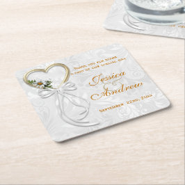 Posavasos Cuadrado De Papel Dalia Romántica, Corazón de Oro y Cinta Blanca