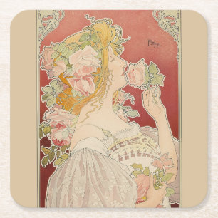 Posavasos Cuadrado De Papel Dama Art Nouveau Belle Époque Rosas Livemont