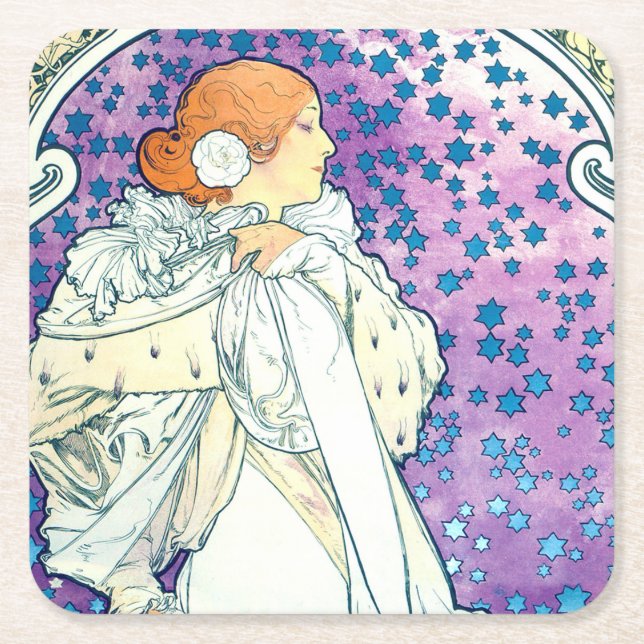 Posavasos Cuadrado De Papel Dama de la Camelias, Alphonse Mucha (Anverso)