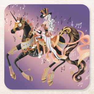 Posavasos Cuadrado De Papel Dama de Steampunk y caballo mecánico