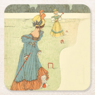 Posavasos Cuadrado De Papel Damas Victorianas Croquet Fiesta de Jardín Vintage