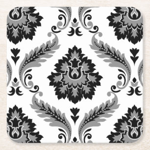 Posavasos Cuadrado De Papel Damascado Rococó Patrón Grande Gris Negro Blanco