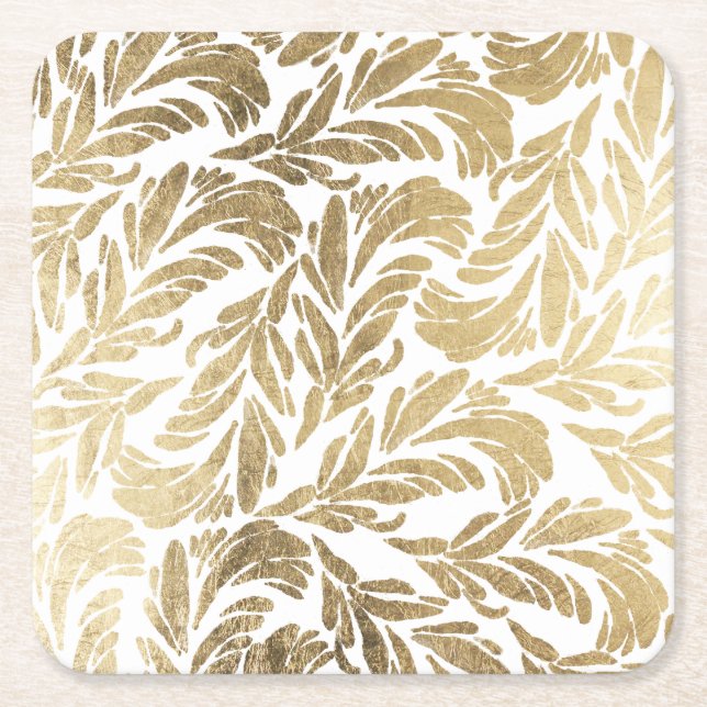 Posavasos Cuadrado De Papel Damasco floral moderno elegante del oro blanco (Anverso)
