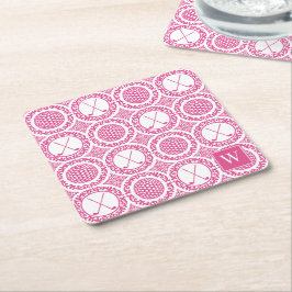 Posavasos Cuadrado De Papel Damask de Golf Preppy - Bolas y Palos en Rosa Fucs