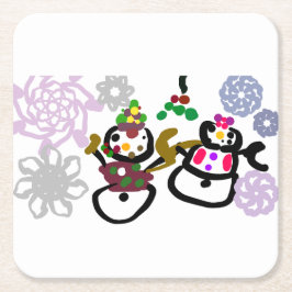 Posavasos Cuadrado De Papel Dance Snowman and Snowwoman
