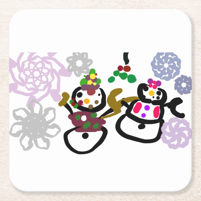 Posavasos Cuadrado De Papel Dance Snowman and Snowwoman (Anverso)