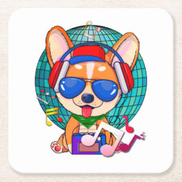 Posavasos Cuadrado De Papel Dancing Corgi Kawaii Cute, Music Pup
