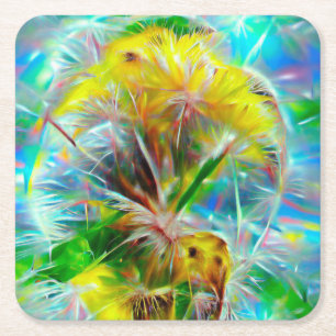 Posavasos Cuadrado De Papel Dandelions etéreos en Neon Dreamscape