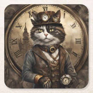 Posavasos Cuadrado De Papel Dapper Steampunk Calico Cat