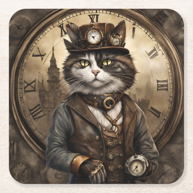 Posavasos Cuadrado De Papel Dapper Steampunk Calico Cat (Anverso)