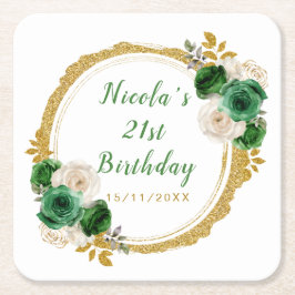Posavasos Cuadrado De Papel Dark Green and Gold Elegant Flowers Birthday Party