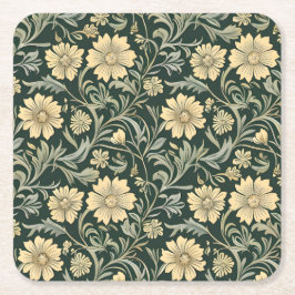 Posavasos Cuadrado De Papel Dark green stylized yellow flowers  pattern 