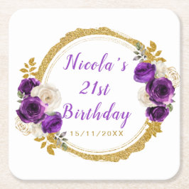 Posavasos Cuadrado De Papel Dark Purple and Gold Elegant Flower Birthday Party