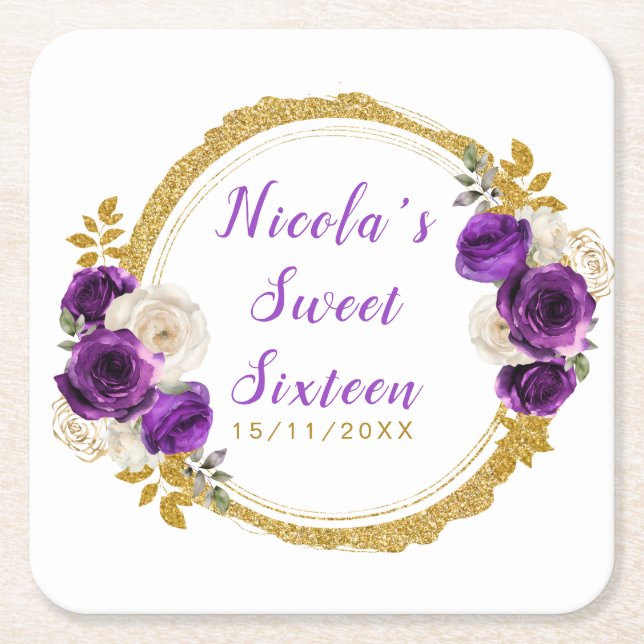 Posavasos Cuadrado De Papel Dark Purple and Gold Elegant Flower Sweet Sixteen (Anverso)