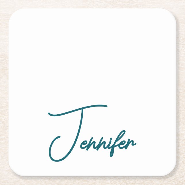 Posavasos Cuadrado De Papel Dark Teal Trend Modern Minimalist Handwriting Name (Anverso)