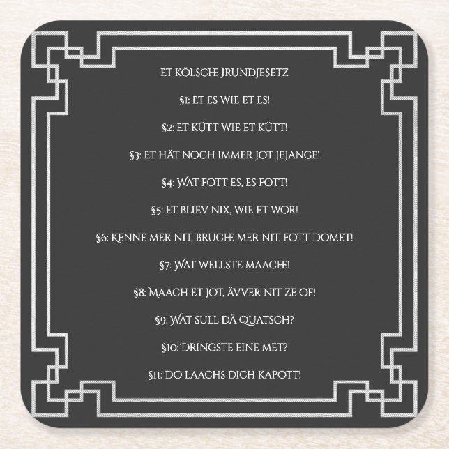 Posavasos Cuadrado De Papel Das Kölsche Grundgesetz – Köln Cologne Jugendstil (Anverso)