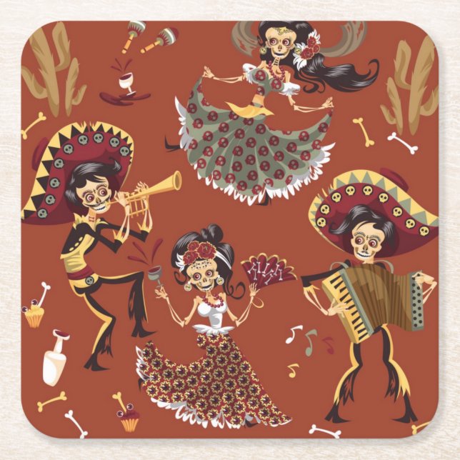 Posavasos Cuadrado De Papel Day of the Dead - Día de los Muertos Paper Coaster (Anverso)