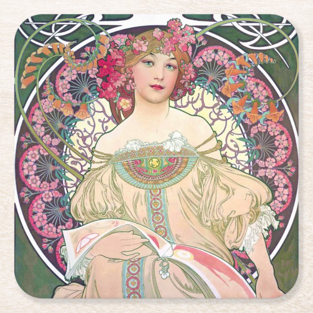 Posavasos Cuadrado De Papel Daydream (Primavera), Mucha (Anverso)